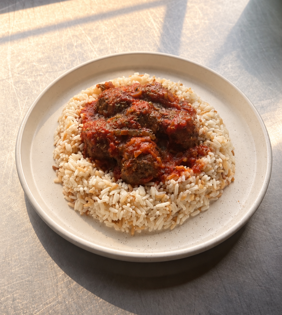 Albondigas con salsa y arroz pilaf